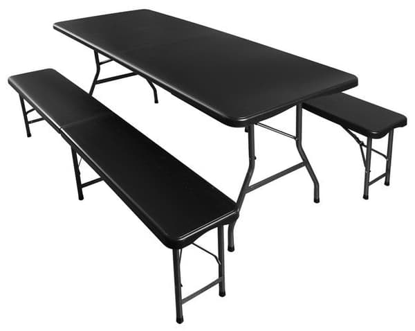 Fällbart trädgårdsbord med 2 bänkar 180 cm HDPE stålram
