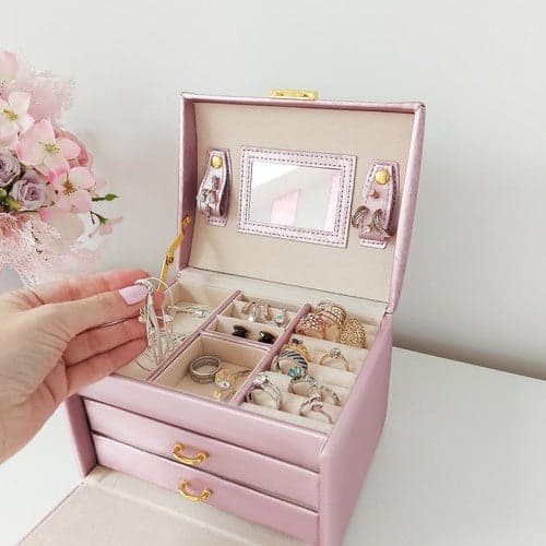 Smykkeskrin satin 20 rum låsbart med spejl nøgle rosa