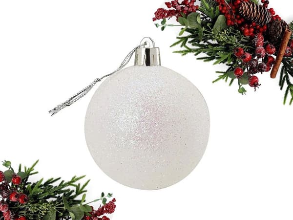 Julekugler i plast 6 cm, 36-pak, sølv/hvid, 6 designs