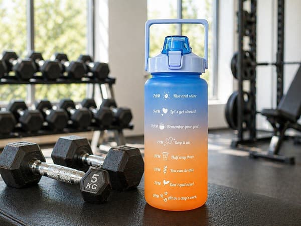 Vandflaske 2 liter med sugerør og målskala blå/orange