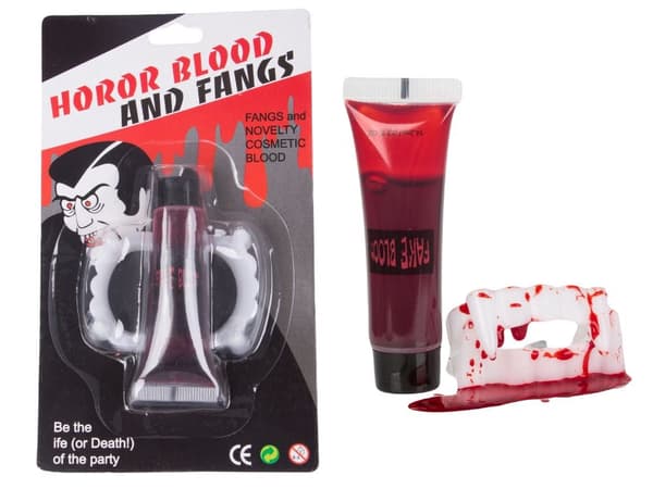Vampyrtænder Halloween universal + falskt blod 14 ml