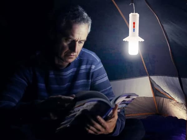 LED-campinglampe med powerbank, USB-C, 3 lysindstillinger, 24 cm (sort/hvid)