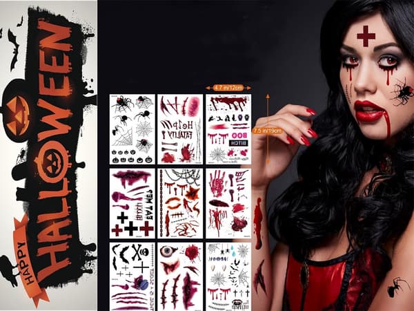 Tillfälliga Halloween-tatueringar 1 ark 19x12 cm, blod/sår/spindlar