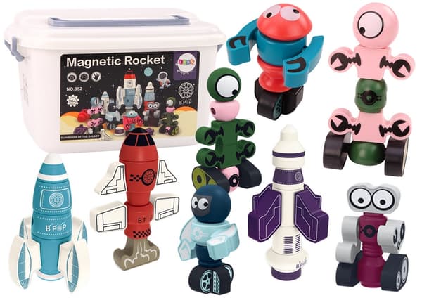 Magnetiska byggblock 56 delar rymdtema med vit resväska 3+