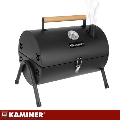 Matkahiiligrilli kannella ja lämpömittarilla, 2 grilliritilää, musta 41,5 cm