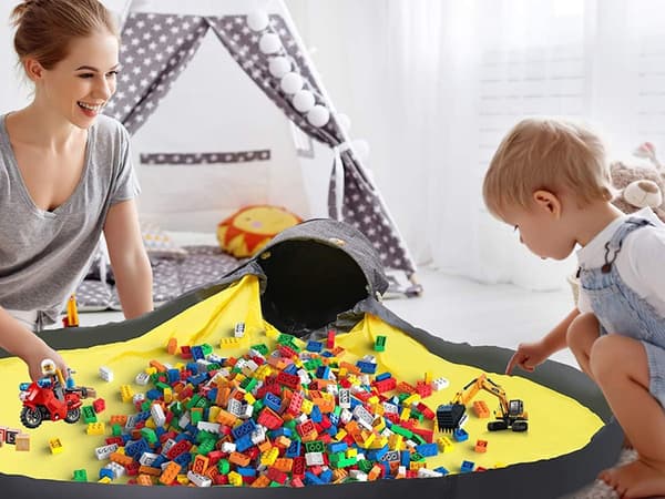 Säilytyskori leluille leikkimatolla ja kannella, harmaa, Ø32 cm