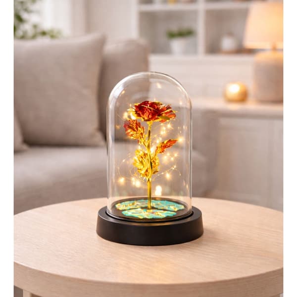 Evig röd ros i glaskupol med LED-belysning 21 cm, 3xAAA