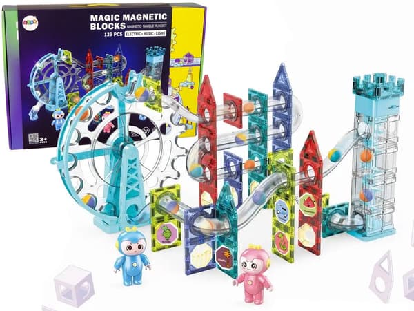 Magnetiske byggeklodser kuglebane med rutsjebane, LED & pariserhjul 129 dele