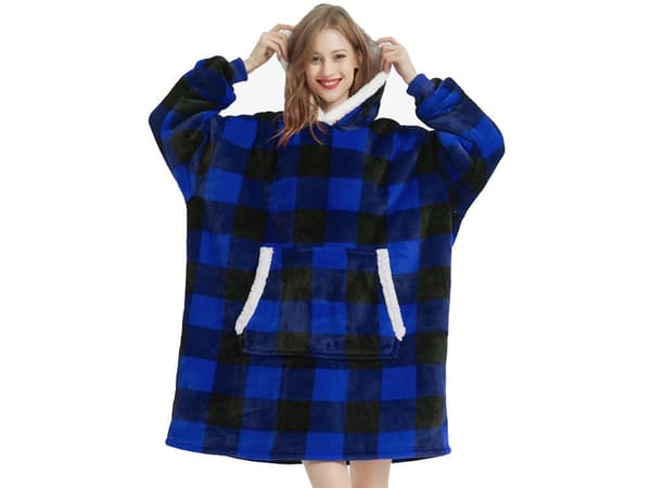 Fleecehuppari huppulla, sininen ruutukuvio, one size oversize