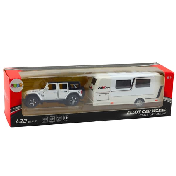 Off-road bil med campingvogn 1:32 metalmodel hvid med lys/lyd
