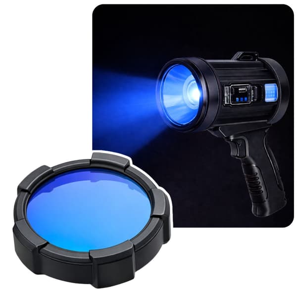 LED-søgelampe 800 lm 400 m med COB-sidelys, USB-C/sol, powerbank