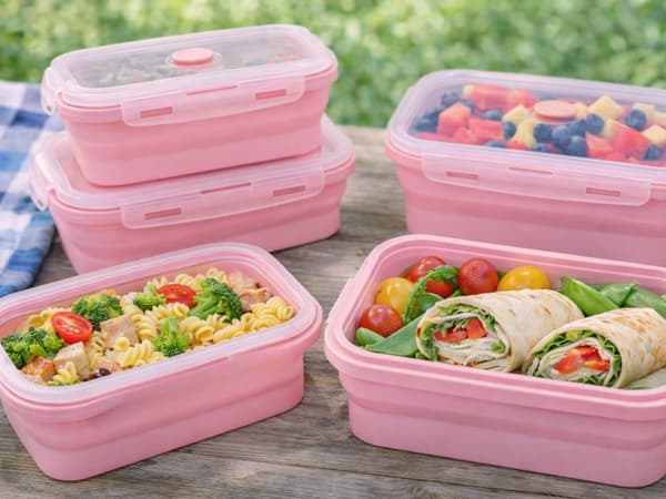 Hopfällbara silikonmatlådor 4-pack med tätt lock och clips, rosa