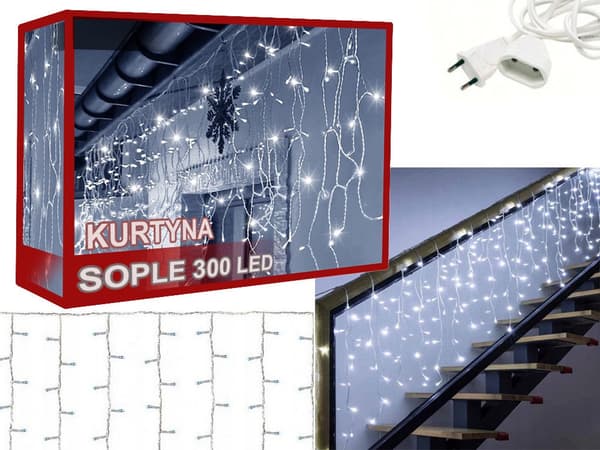 LED lysgardin icicle 300 LED koldhvid 10,4 m hvid kabel 8 tilstande