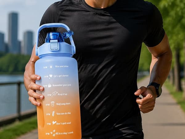 Vandflaske 2 liter med sugerør og målskala blå/orange