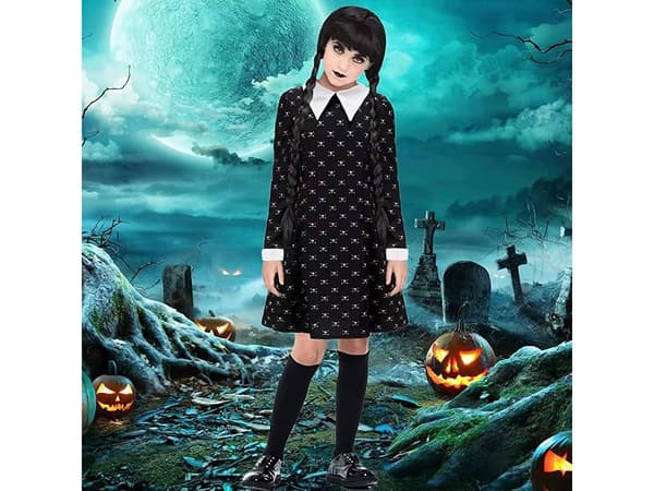 Wednesday Addams kjole børnekostume sort/hvid 135–145 cm polyester