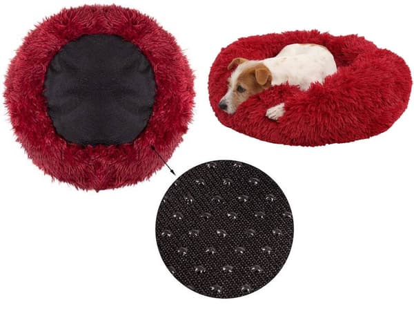 Hundeseng plys rund 80 cm skridsikker underside mørkerød