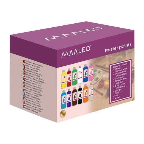 Vattenbaserade målarfärger 12-pack 500 ml/flaska matt, barnvänliga