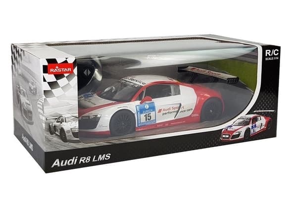 Fjernstyret Audi R8 LMS 1:14 med lys hvid/rød, 6+ år