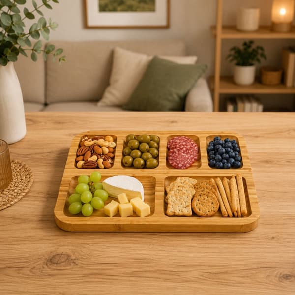Serveringsbräda bambu med 6 fack 36x28 cm för ost och snacks