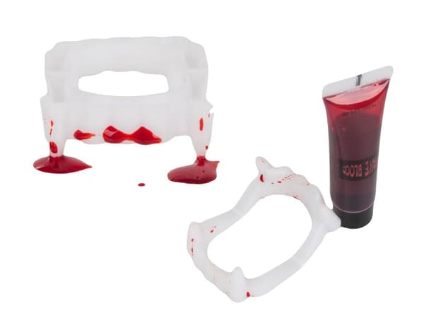 Vampyrtænder Halloween universal + falskt blod 14 ml