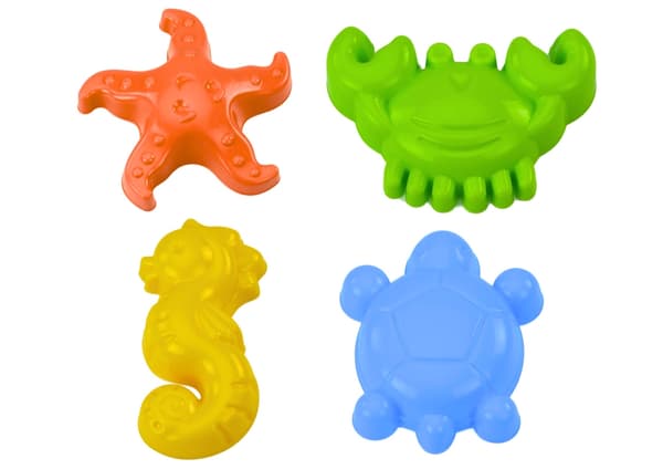 Sandforme havdyr 4-pack i plast – krabbe skildpadde søstjerne søhest