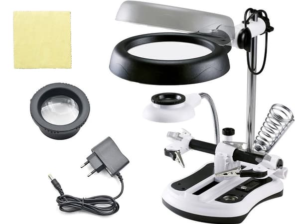 Kolmas käsi suurennuslasilla ja LED 2,5x-10x adapteri
