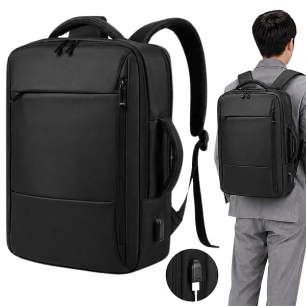 Business-rygsæk med laptoprum og USB-port sort polyester 33x47 cm