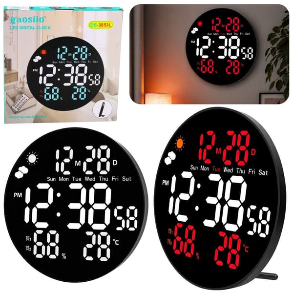 Digital LED-väggklocka 25,5 cm med fjärrkontroll, temp & fukt