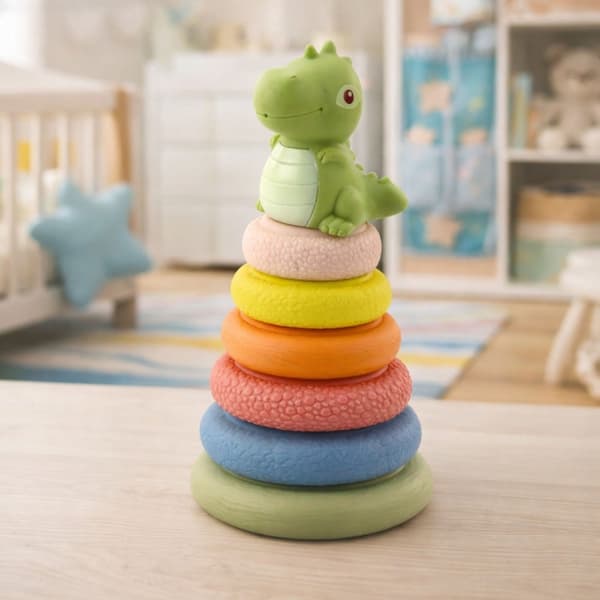 Sensorisk stapelpyramid i ECO-gummi med dinosaurie 7 delar 6+ mån