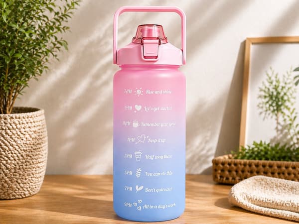 Vesipullo 2 liter pillillä ja mitta-asteikolla, vaaleanpunainen/sininen