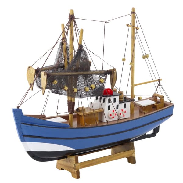 Træfiskebådsmodel 30 cm samlermodel med træbase og master/net