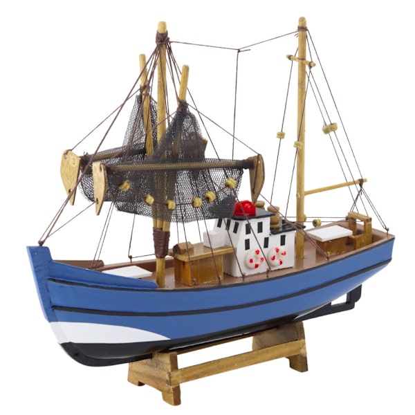 Träfiskebåtsmodell 30 cm samlarmodell med träbas och master/nät