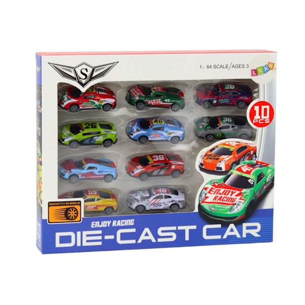 Legetøjsbiler pull-back 10-pak 1:64 racerbiler 8 cm, 3+ år