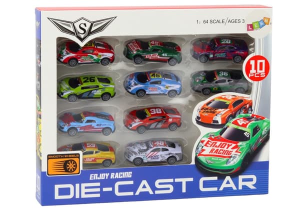 Vedettävät leikkiautot pull-back 10-pack 1:64 kilpa-autot 8 cm, 3+ vuotta