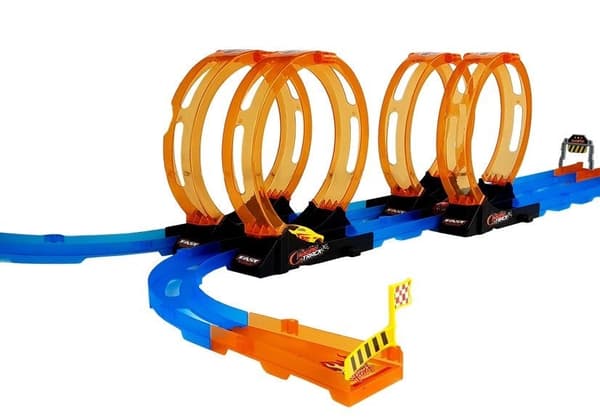 Racerbana med 4 loopar och dragback-bilar, 37 delar, 181 cm, 3+