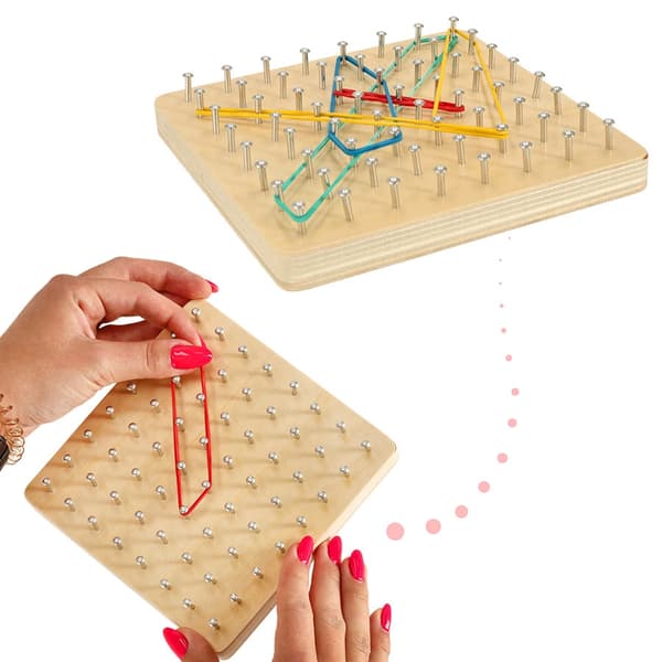 Geoboard træplade med søm, 40 elastikker & 24 mønsterkort