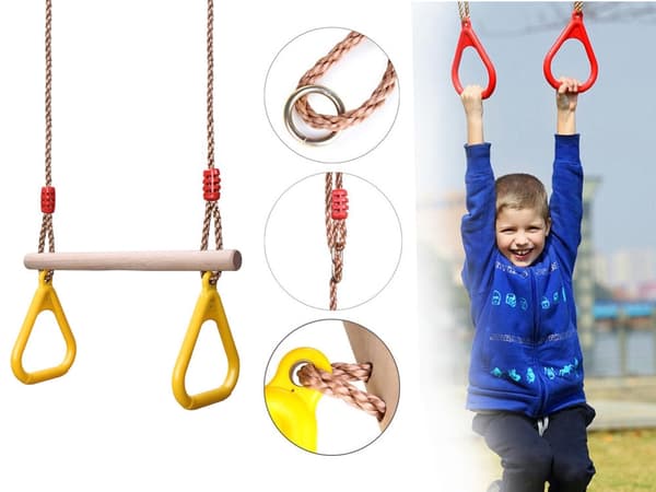 Trapezgunga i trä med handtag gul, justerbara rep 100–170 cm