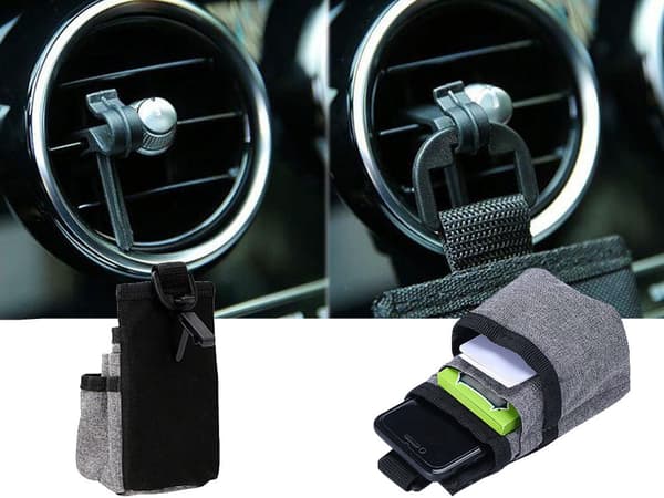 Bilholder til mobil og briller med 3 lommer til ventilationsrist grå