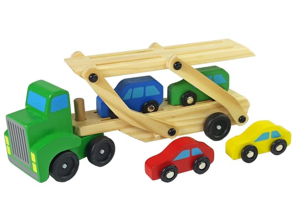 Træbiltransport med campingvogn og 3 biler grøn, 31 cm, 3+