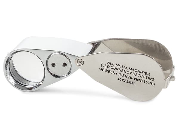 Foldbar juvelererlup 40x 25 mm med LED og UV, aluminium
