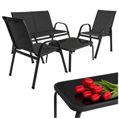 Trädgårdsmöbelset 4 delar 4-sits soffa 2 fåtöljer bord glas/stål