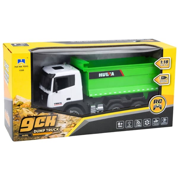 Fjernstyret dumpertruck 1:18 2.4 GHz med lys/lyd og løftbart lad
