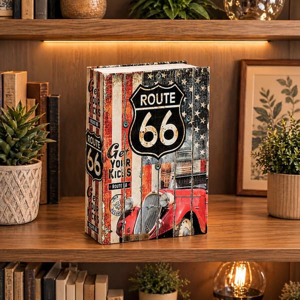 Kirjakätkö avainlukolla Route 66 -aihe, 18,5x12x6 cm, 2 avainta