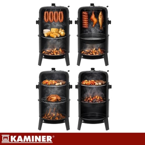 3-i-1 kulgrill med røgboks og lågtermometer 80x48x42 cm sort