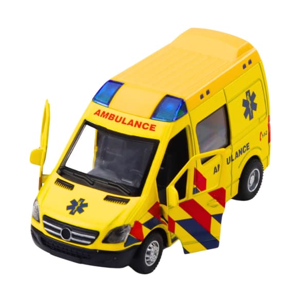 Ambulanssilelu 1:32 metallia pull-backilla, valo/ääni, keltainen