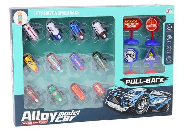 Legetøjsfly/biler sæt 12-pack 5 cm med 4 vejskilte, fra 3 år