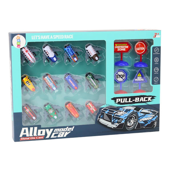 Leksaksflygplan set 12-pack 5 cm med 4 vägskyltar, från 3 år