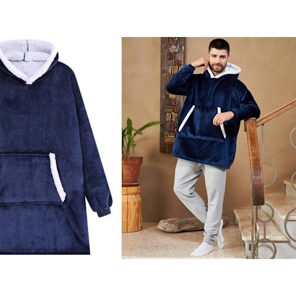 Filttröja med huva teddyfoder one size unisex navy blue