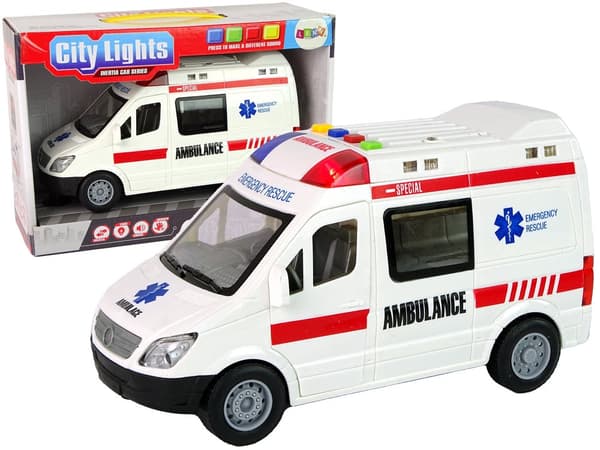 Legetøjsambulance 22 cm med friktionsdrev, lydknapper og åbningsbare døre