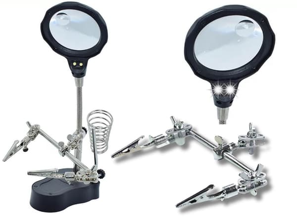 Tredje hånd loddeholder med forstørrelsesglas og 2 LED sort